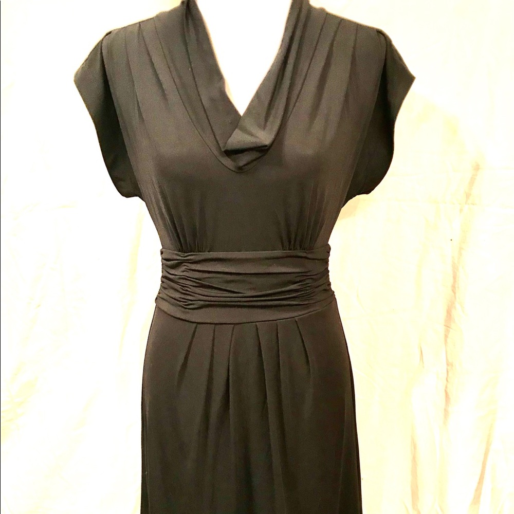 BCBGMaxAzria Black Ruched Waist, Cowl Neck Dress